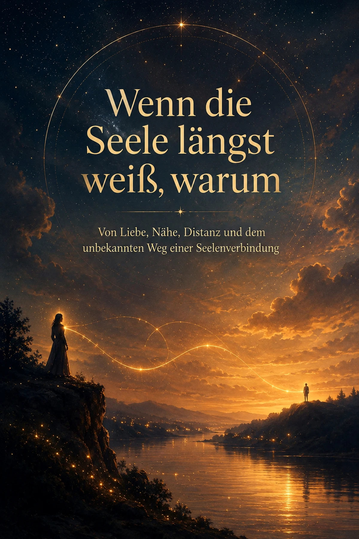 Buchcover „Wenn die Seele längst weiß, warum“ von Thomas Schimmeck — zwei Figuren unter einem Nachthimmel, verbunden durch einen goldenen Lichtfaden